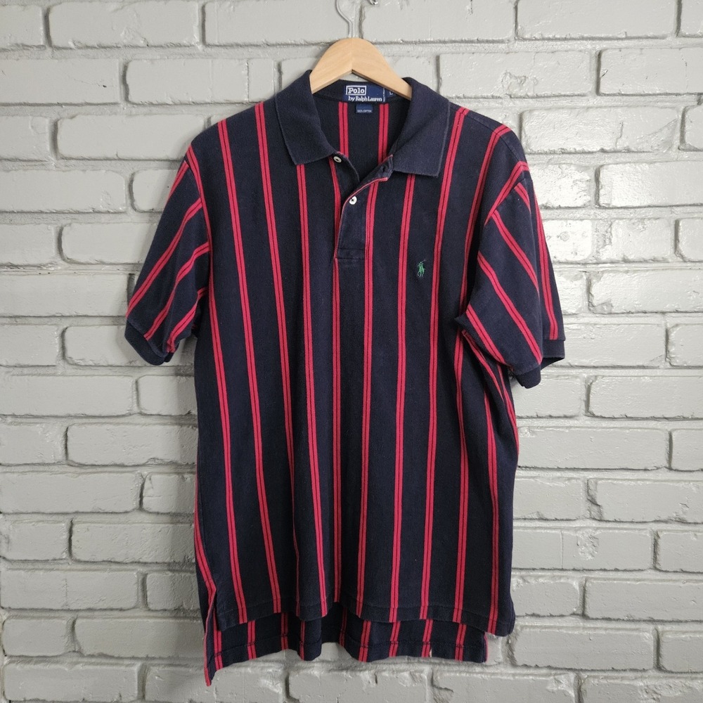 Vintage Polo Ralph Lauren Mens Shirt Large 90s Blue Red Stripe Pony